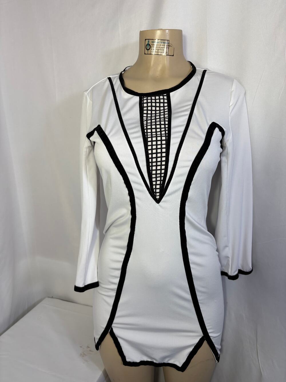 White & Black Contrast Bodycon Mini Dress Mesh Detail Long Sleeve Clubwear